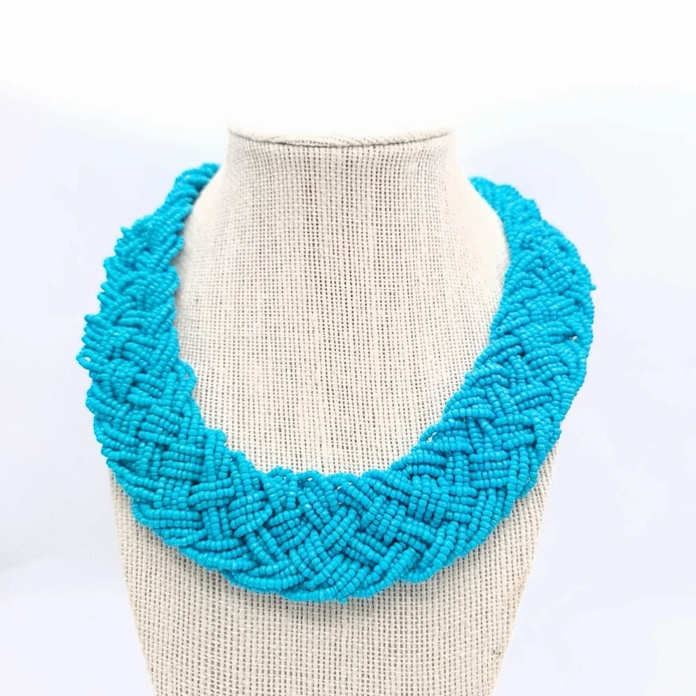 Vintage '80's  turquoise seed beed Statement Necklace
